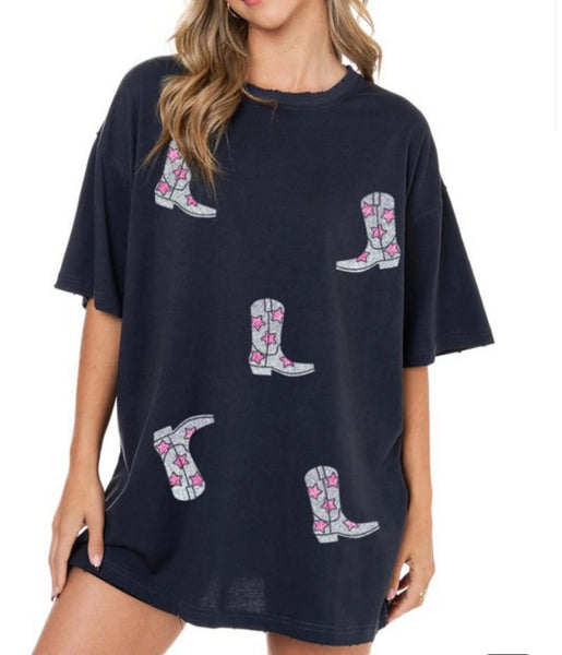 Multi Glitter Cowboy Boot Tee *Extra Long*