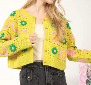 Flower Power Crocheted Cardigan in Lime