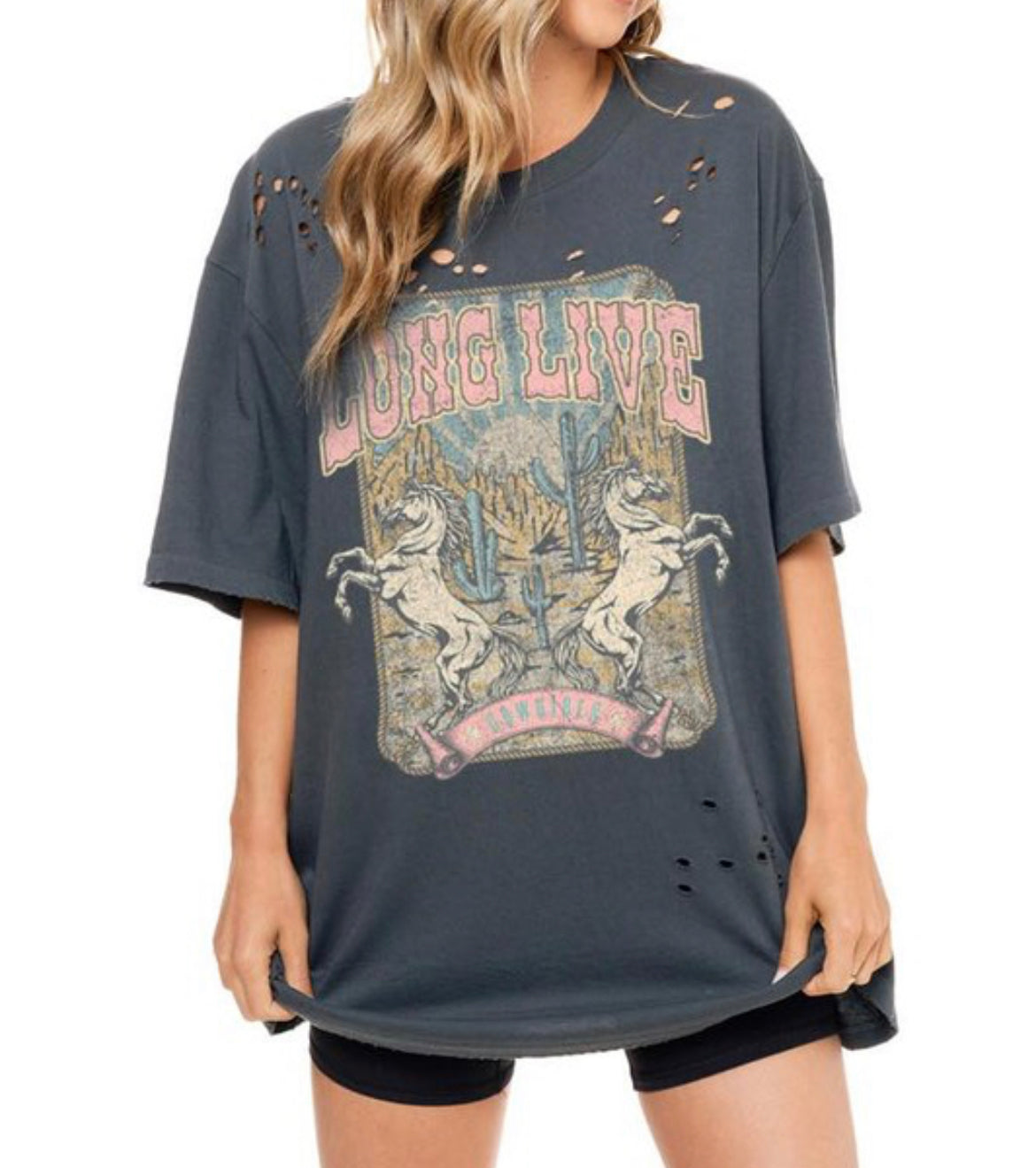 Long Live Cowgirls Distressed Tee *Extra Long*