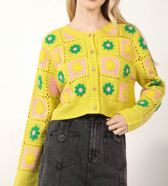 Flower Power Crocheted Cardigan in Lime
