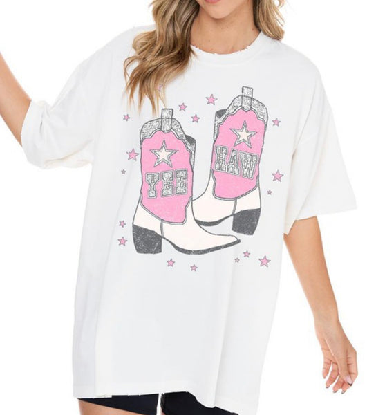 Yee Haw Glitter Boot Tee in White *Extra Long*