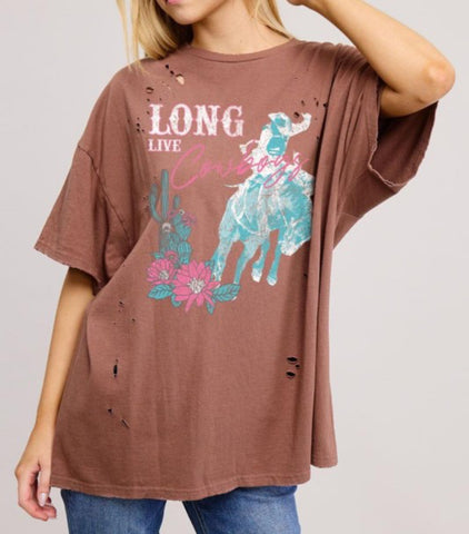 Long Live Cowboys Flower Tee in Brown