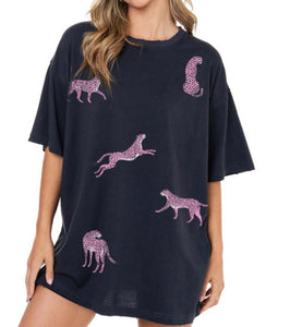 Leopards in Pink Tee in Black *Extra Long*