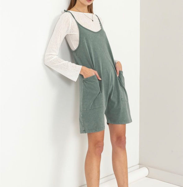 Free to Be Romper in Gray Green