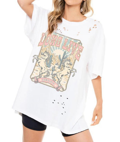 Long Live Cowgirls Distressed Tee in White *Extra Long*