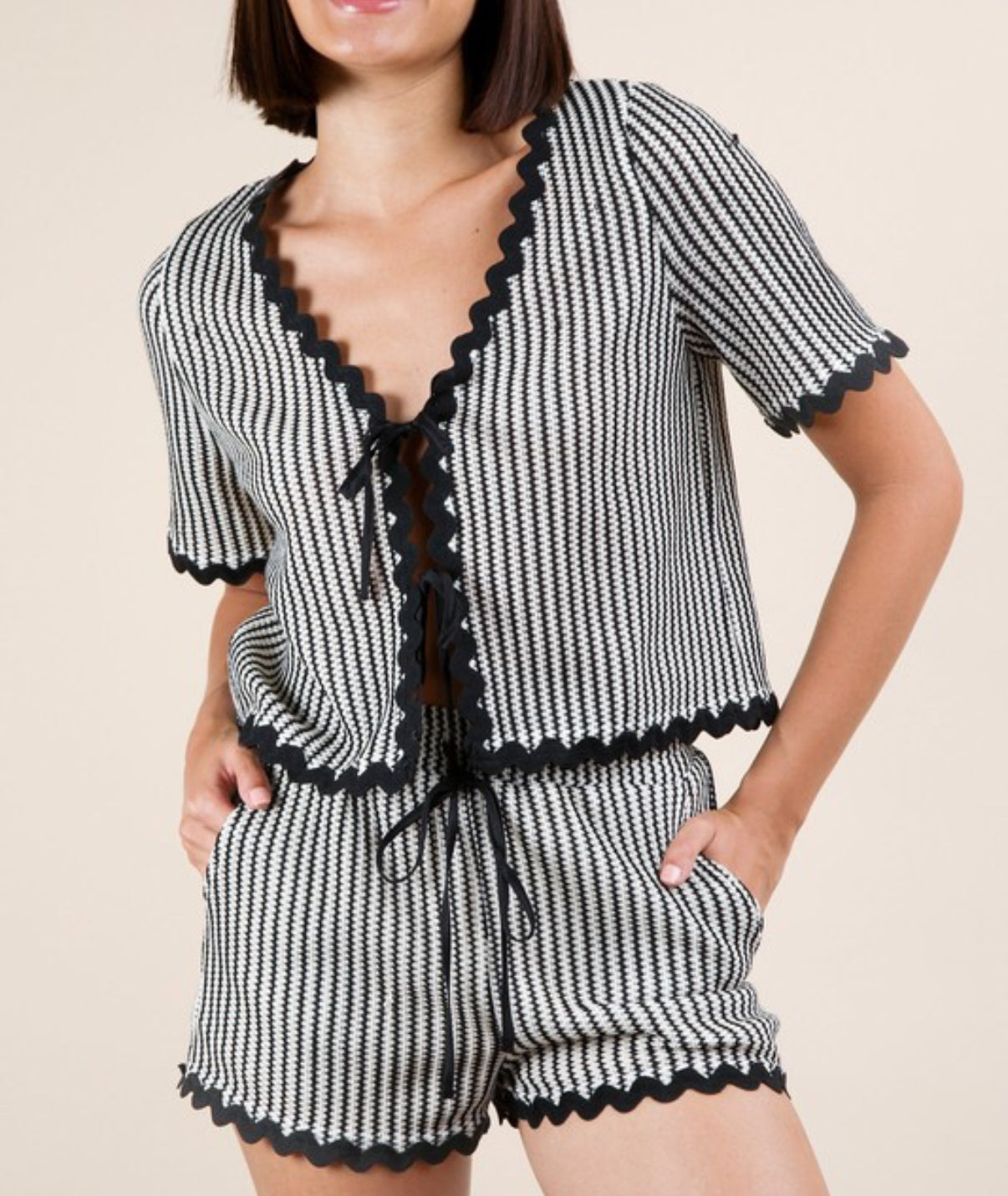 YKR Crochet Two-Piece Lounge Set For Women - Short Sleeve & Shorts, Striped Summer Pajamas