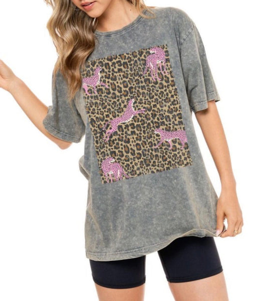 Double Cheetah Oversized Tee in Denim Grey