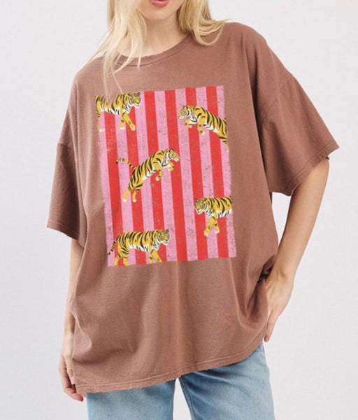 Pink & Red Stripes Tiger Tee in Brown *EXTRA LONG*