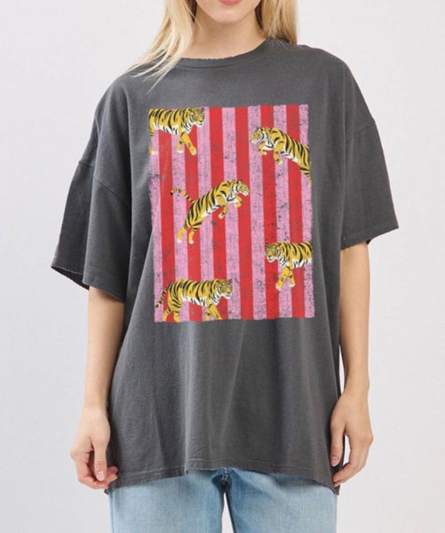 Pink & Red Stripe Tiger Tee in Black *EXTRA LONG*