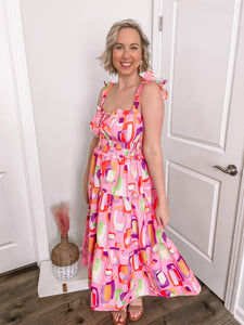 pink groovy dress Pink Floral Shoulder Tie Midi Dress Groovy Mimi